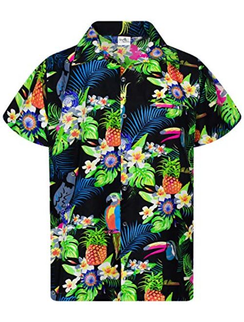 King Kameha Funky Hawaiian Shirt Men Shortsleeve Frontpocket Hawaiian-Print Leaves Flowers Pineapple