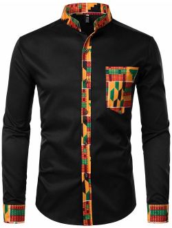 Men's Hipster African Tribal Graphic Patchwork Design Slim Fit Long Sleeve Button up Mandarin Collar Shirts