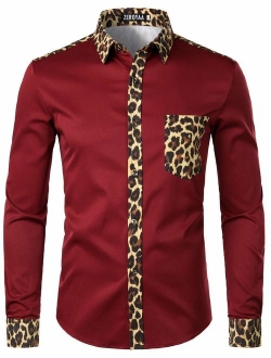 Men's Hipster African Tribal Graphic Patchwork Design Slim Fit Long Sleeve Button up Mandarin Collar Shirts