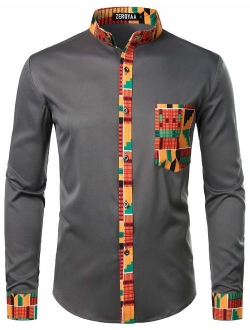 Men's Hipster African Tribal Graphic Patchwork Design Slim Fit Long Sleeve Button up Mandarin Collar Shirts