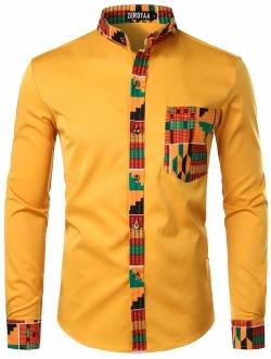 Men's Hipster African Tribal Graphic Patchwork Design Slim Fit Long Sleeve Button up Mandarin Collar Shirts