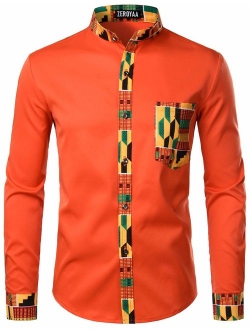 Men's Hipster African Tribal Graphic Patchwork Design Slim Fit Long Sleeve Button up Mandarin Collar Shirts