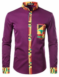 Men's Hipster African Tribal Graphic Patchwork Design Slim Fit Long Sleeve Button up Mandarin Collar Shirts