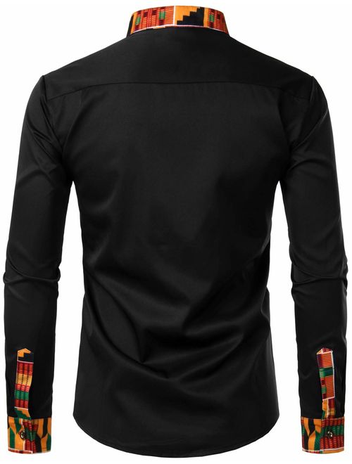 ZEROYAA Men's Hipster African Tribal Graphic Patchwork Design Slim Fit Long Sleeve Button up Mandarin Collar Shirts