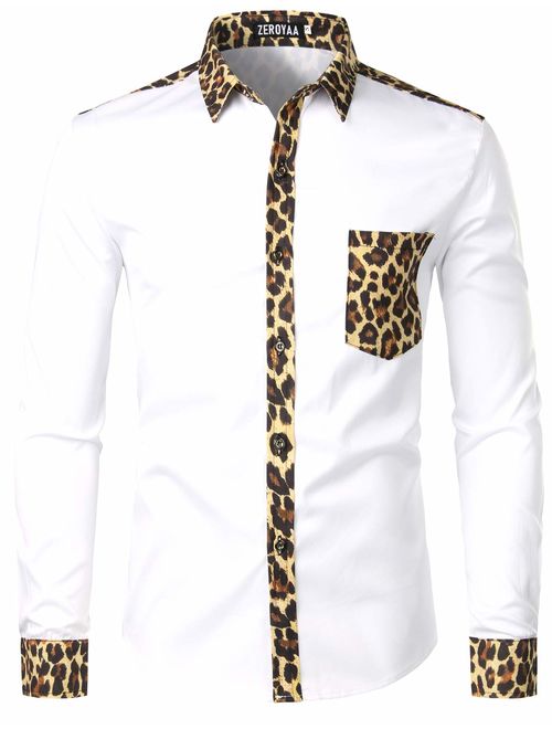 ZEROYAA Men's Hipster African Tribal Graphic Patchwork Design Slim Fit Long Sleeve Button up Mandarin Collar Shirts