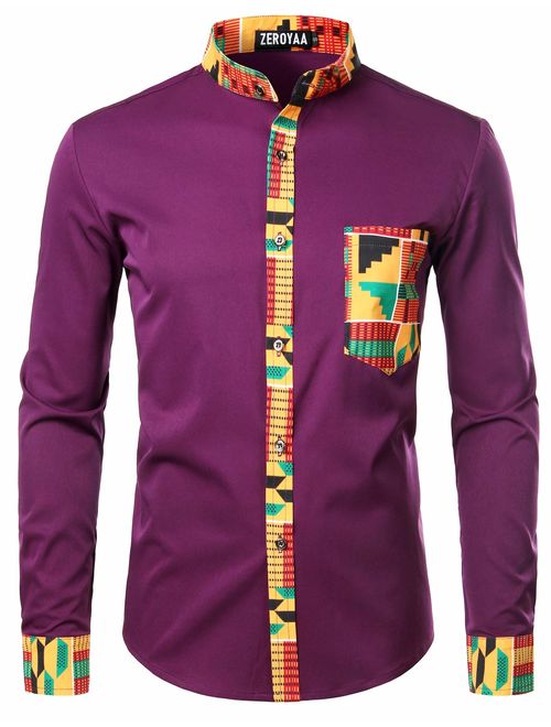 ZEROYAA Men's Hipster African Tribal Graphic Patchwork Design Slim Fit Long Sleeve Button up Mandarin Collar Shirts