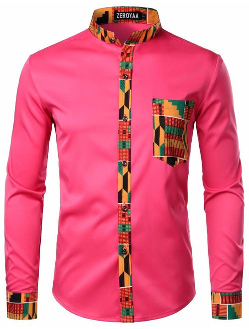 ZEROYAA Men's Hipster African Tribal Graphic Patchwork Design Slim Fit Long Sleeve Button up Mandarin Collar Shirts