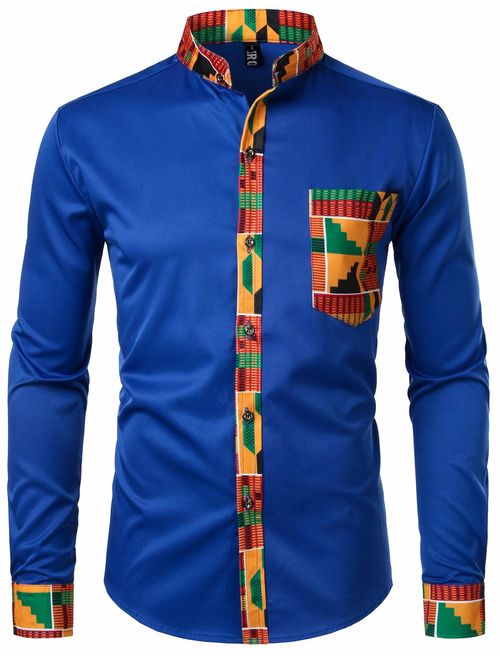 ZEROYAA Men's Hipster African Tribal Graphic Patchwork Design Slim Fit Long Sleeve Button up Mandarin Collar Shirts