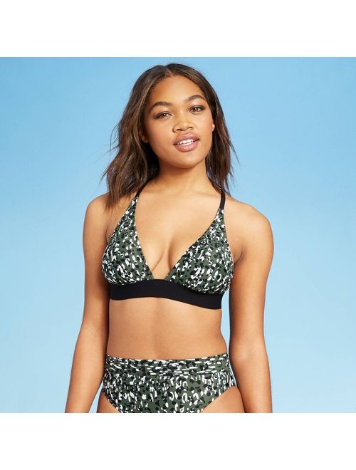 Women's Long Line Racer Back Triangle Bikini Top - Shade & Shore Palm Green Animal Print