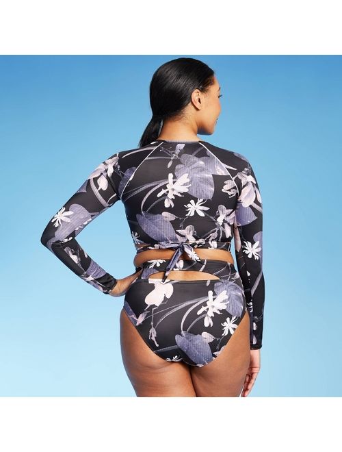 Women's Long Sleeve Tie Back Cropped Rashguard - All in Motion Black Floral