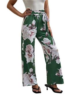 ECOWISH Women's Casual Floral Print Belted Summer Beach High Waist Wide Leg Pants with Pockets