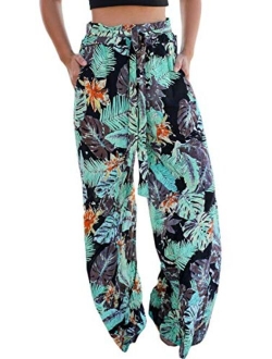 ECOWISH Women's Casual Floral Print Belted Summer Beach High Waist Wide Leg Pants with Pockets