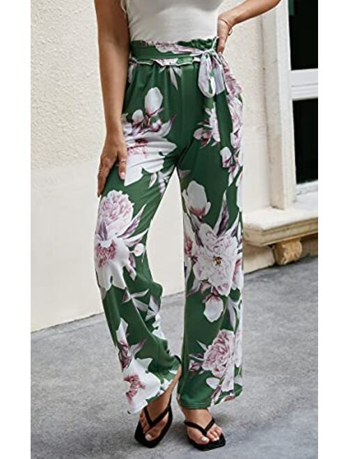 ECOWISH Women's Casual Floral Print Belted Summer Beach High Waist Wide Leg Pants with Pockets