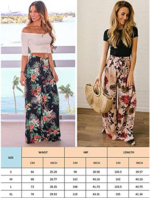 ECOWISH Women's Casual Floral Print Belted Summer Beach High Waist Wide Leg Pants with Pockets