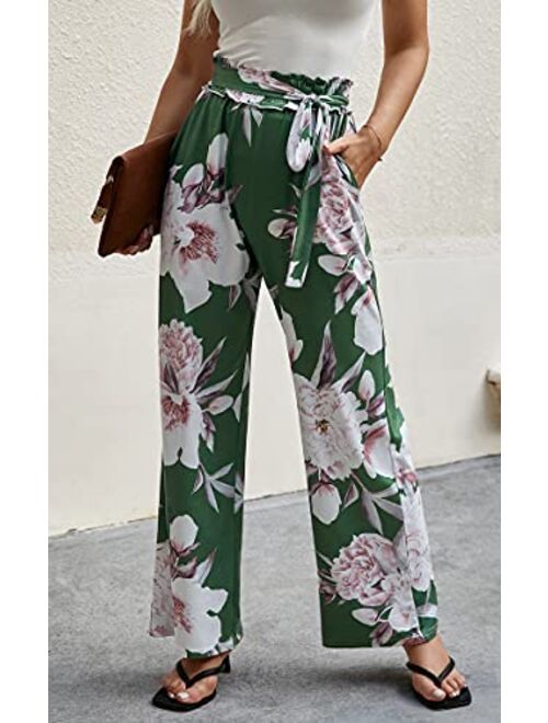 ECOWISH Women's Casual Floral Print Belted Summer Beach High Waist Wide Leg Pants with Pockets