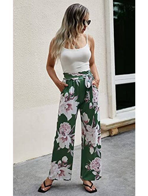 ECOWISH Women's Casual Floral Print Belted Summer Beach High Waist Wide Leg Pants with Pockets