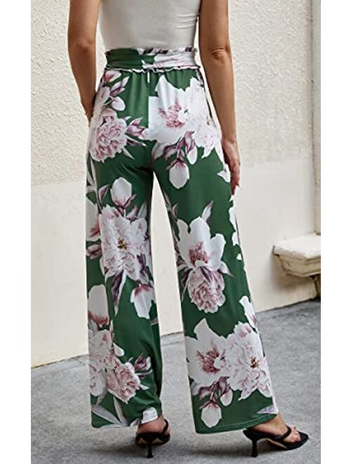 ECOWISH Women's Casual Floral Print Belted Summer Beach High Waist Wide Leg Pants with Pockets