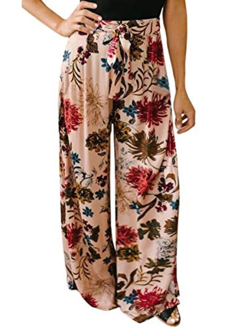 ECOWISH Women's Casual Floral Print Belted Summer Beach High Waist Wide Leg Pants with Pockets