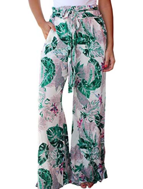 ECOWISH Women's Casual Floral Print Belted Summer Beach High Waist Wide Leg Pants with Pockets