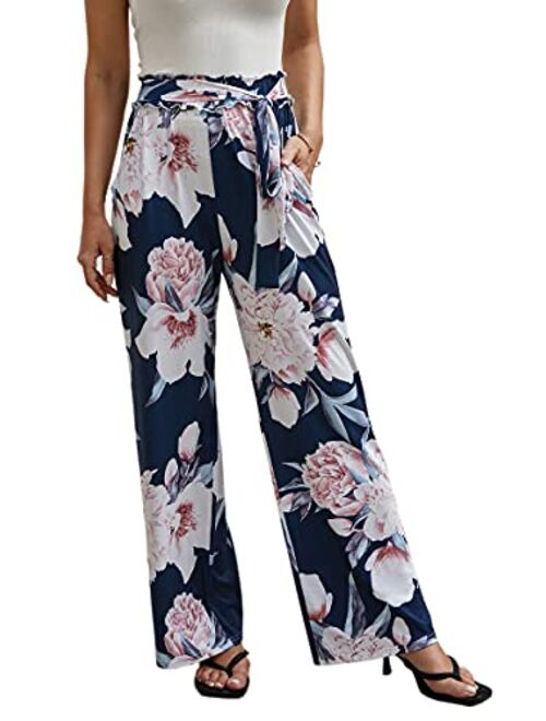 ECOWISH Women's Casual Floral Print Belted Summer Beach High Waist Wide Leg Pants with Pockets