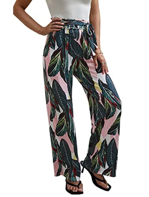 ECOWISH Women's Casual Floral Print Belted Summer Beach High Waist Wide Leg Pants with Pockets