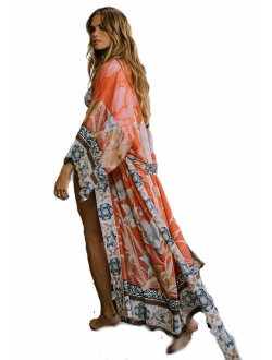 Womens Cotton Floral Print Swimsuit Cover up Kimono Cardigan