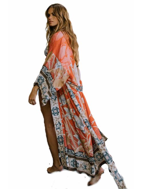 Womens Cotton Floral Print Swimsuit Cover up Kimono Cardigan