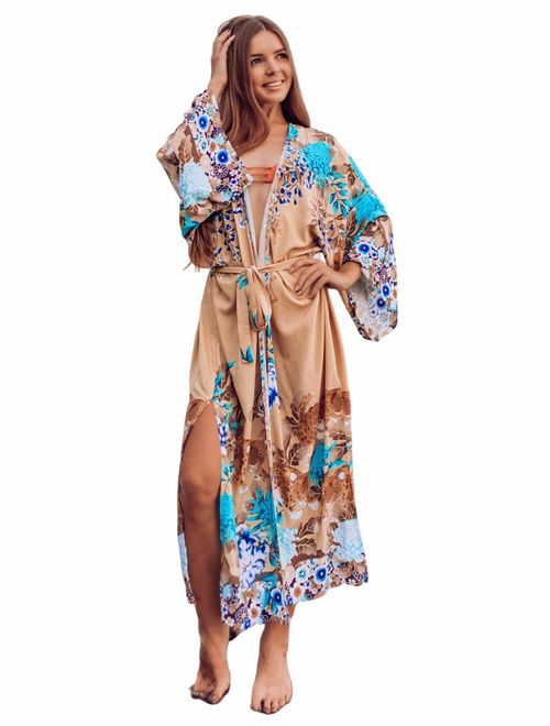 Womens Cotton Floral Print Swimsuit Cover up Kimono Cardigan