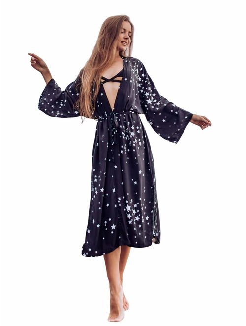 Womens Cotton Floral Print Swimsuit Cover up Kimono Cardigan