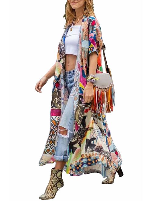 Womens Cotton Floral Print Swimsuit Cover up Kimono Cardigan