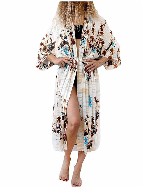 Womens Cotton Floral Print Swimsuit Cover up Kimono Cardigan