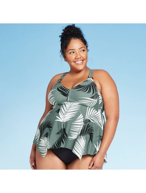 Women's Plus Size Paradise Palm Tankini Top - Kona Sol Tropical Green