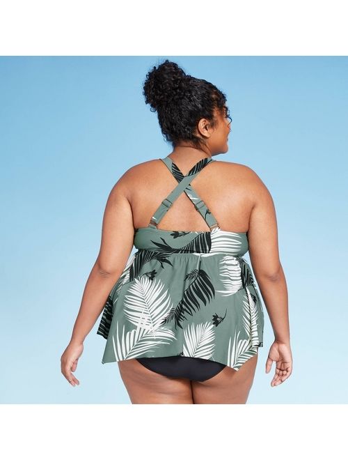 Women's Plus Size Paradise Palm Tankini Top - Kona Sol Tropical Green