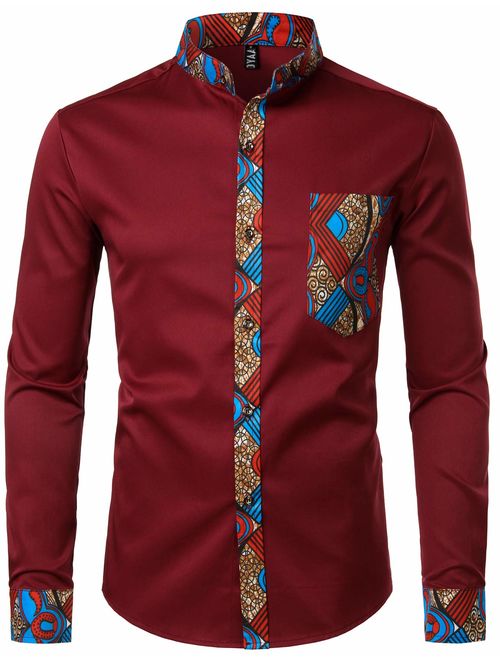 ZEROYAA Men's Hipster Patchwork Design Slim Fit Long Sleeve Button up Mandarin Collar Shirts