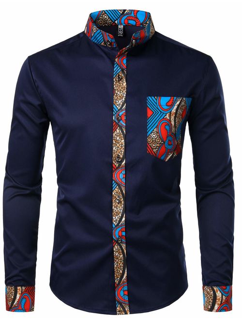 ZEROYAA Men's Hipster Patchwork Design Slim Fit Long Sleeve Button up Mandarin Collar Shirts