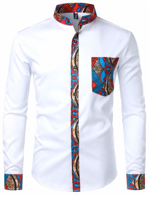 ZEROYAA Men's Hipster Patchwork Design Slim Fit Long Sleeve Button up Mandarin Collar Shirts