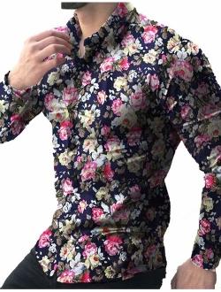 Men's Floral Print Slim Fit Long Sleeve Casual Button Down Shirt