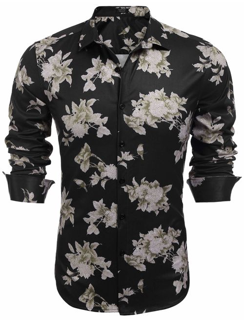 COOFANDY Men's Floral Print Slim Fit Long Sleeve Casual Button Down Shirt