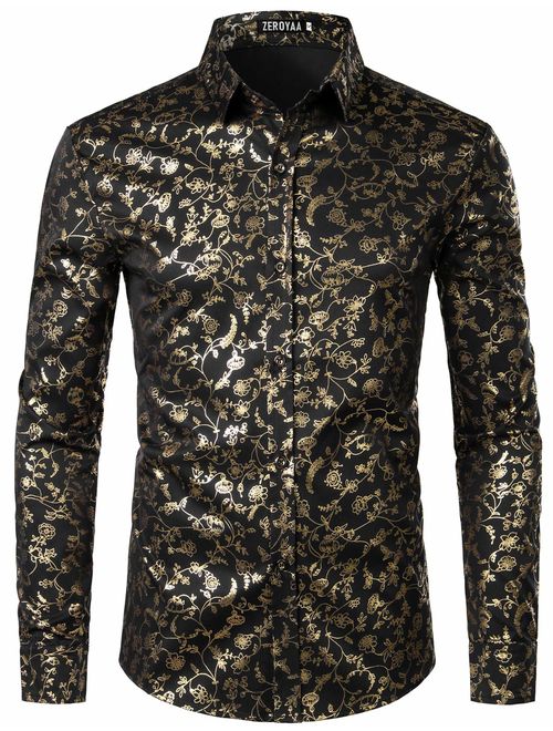 ZEROYAA Men's Gold Fan Print Slim Fit Long Sleeve Dress Shirts/Prom Performing Shirts