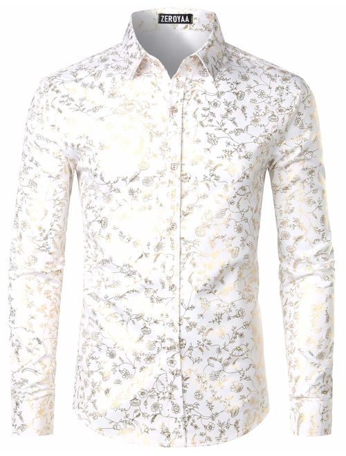 ZEROYAA Men's Gold Fan Print Slim Fit Long Sleeve Dress Shirts/Prom Performing Shirts