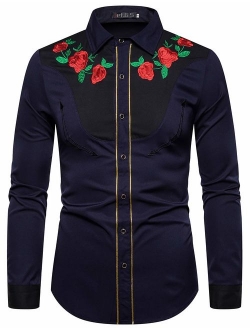 ief.G.S Men's Long Sleeve Button-Down Shirt Slim Fit Dress Shirts with Floral Embroidery