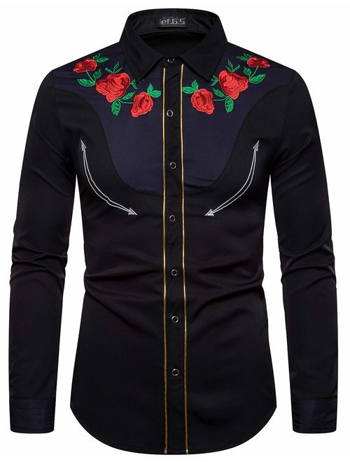 ief.G.S Men's Long Sleeve Button-Down Shirt Slim Fit Dress Shirts with Floral Embroidery