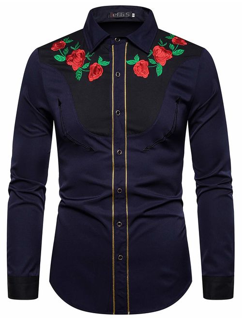 ief.G.S Men's Long Sleeve Button-Down Shirt Slim Fit Dress Shirts with Floral Embroidery