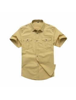 Mesinsefra Men's Cotton Solid Short Sleeve Military Button Down Shirts