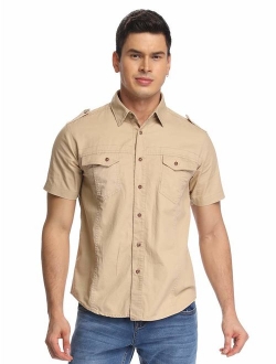 Mesinsefra Men's Cotton Solid Short Sleeve Military Button Down Shirts