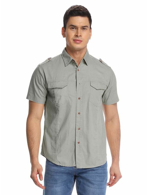 Mesinsefra Men's Cotton Solid Short Sleeve Military Button Down Shirts