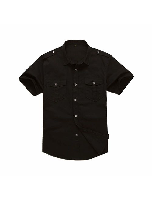 Mesinsefra Men's Cotton Solid Short Sleeve Military Button Down Shirts