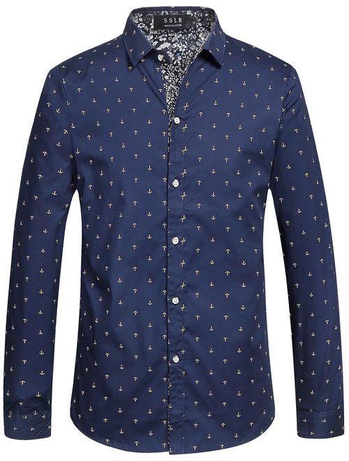 SSLR Men's Anchor Printed Casual Long Sleeve Slim Fit Shirts