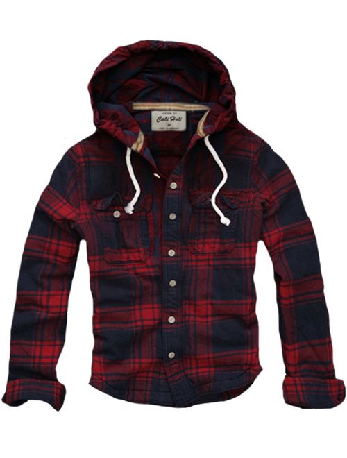 CALI HOLI Mens Check Flannel Hoodie Shirt Red Navy 4XL (US XL~2XL)