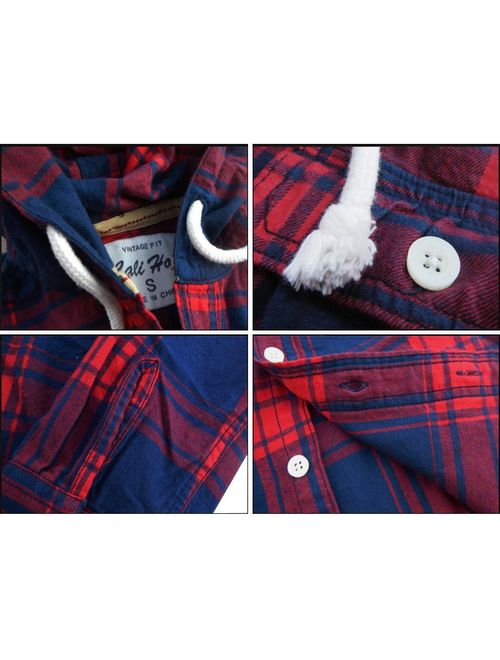 CALI HOLI Mens Check Flannel Hoodie Shirt Red Navy 4XL (US XL~2XL)